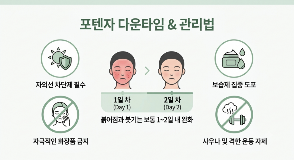 시술 후 피부 붉어짐 회복 기간과 필수 주의사항을 요약한 수원 포텐자 다운타임 인포그래픽