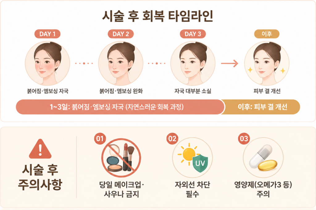 시술 후 엠보싱 회복 기간 및 주의사항을 안내하는 망포 리쥬란 사후관리 인포그래픽