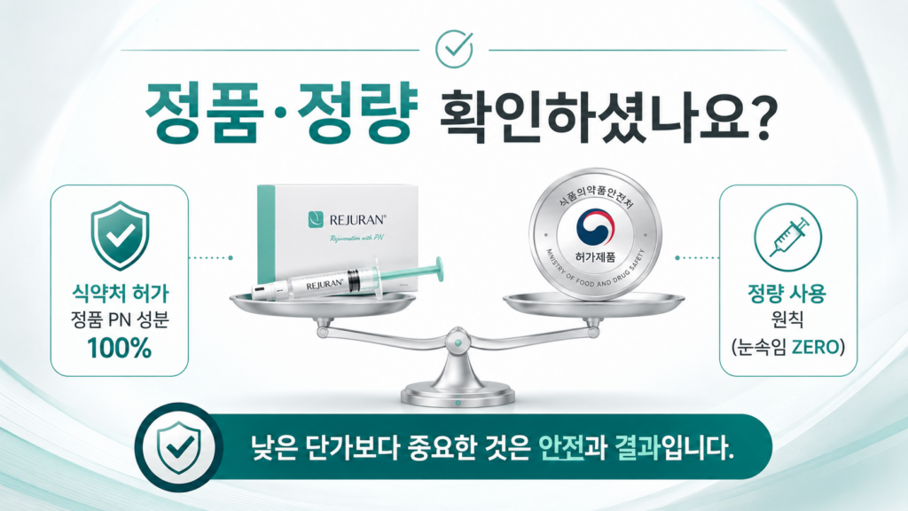 정품 제품과 정량 사용을 강조하는 망포 리쥬란 인증 인포그래픽