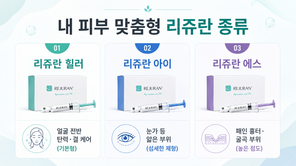 피부 고민 및 부위별 맞춤형 망포 리쥬란 종류 비교 인포그래픽