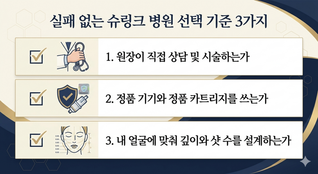 실패 없는 망포 슈링크 병원 선택을 위해 원장 직접 시술, 정품 팁 확인 등 3가지 핵심 체크리스트를 정리한 카드뉴스