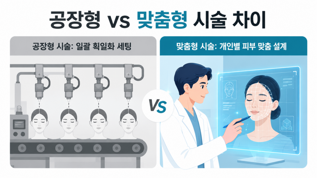 망포 슈링크 시술 시 공장형 일괄 세팅과 개인별 맞춤 설계의 차이점을 직관적으로 비교한 인포그래픽