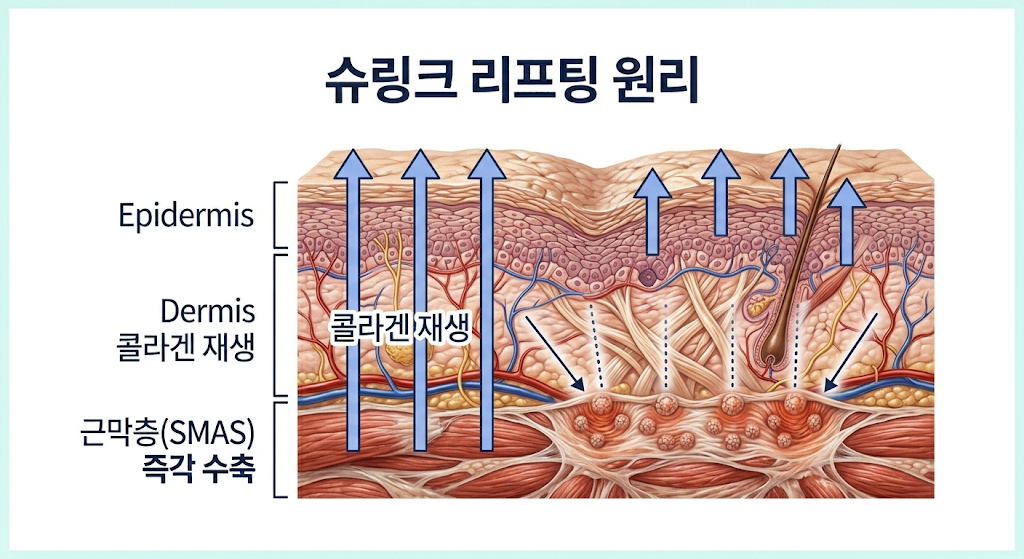 망포 슈링크 초음파 리프팅이 피부 깊은 근막층(SMAS)을 수축시키고 콜라겐을 재생하는 원리 설명 인포그래픽