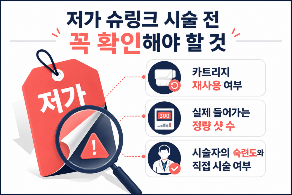 저렴한 망포 슈링크 가격 뒤에 숨겨진 정품 팁 재사용 가능성 및 샷 수 부족 등 주의사항 안내 인포그래픽