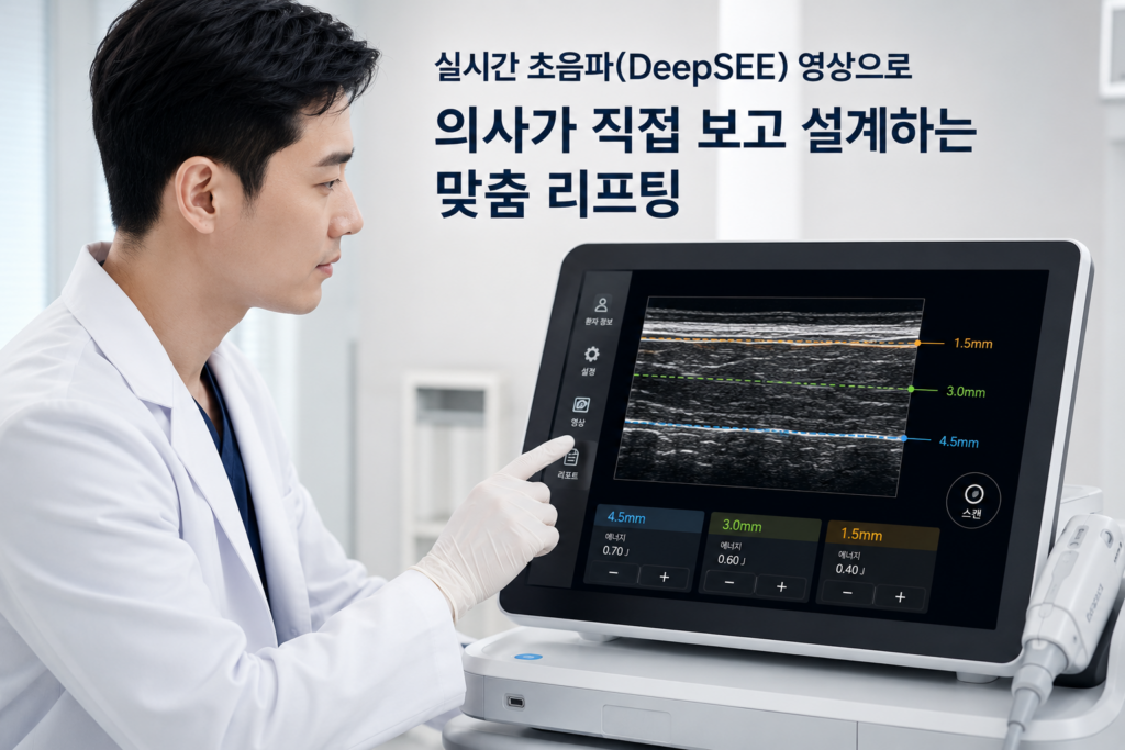 실시간 초음파 영상을 보며 망포 울쎄라를 직접 시술하는 의사의 모습