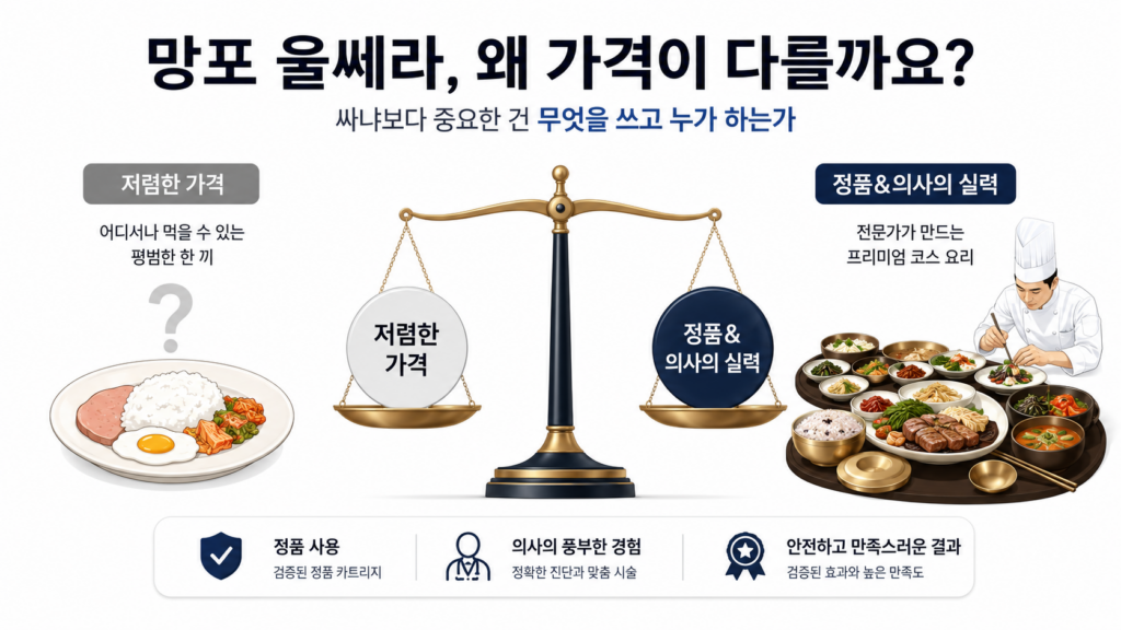망포 울쎄라 병원별 가격 차이가 나는 이유를 설명하는 인포그래픽 이미지