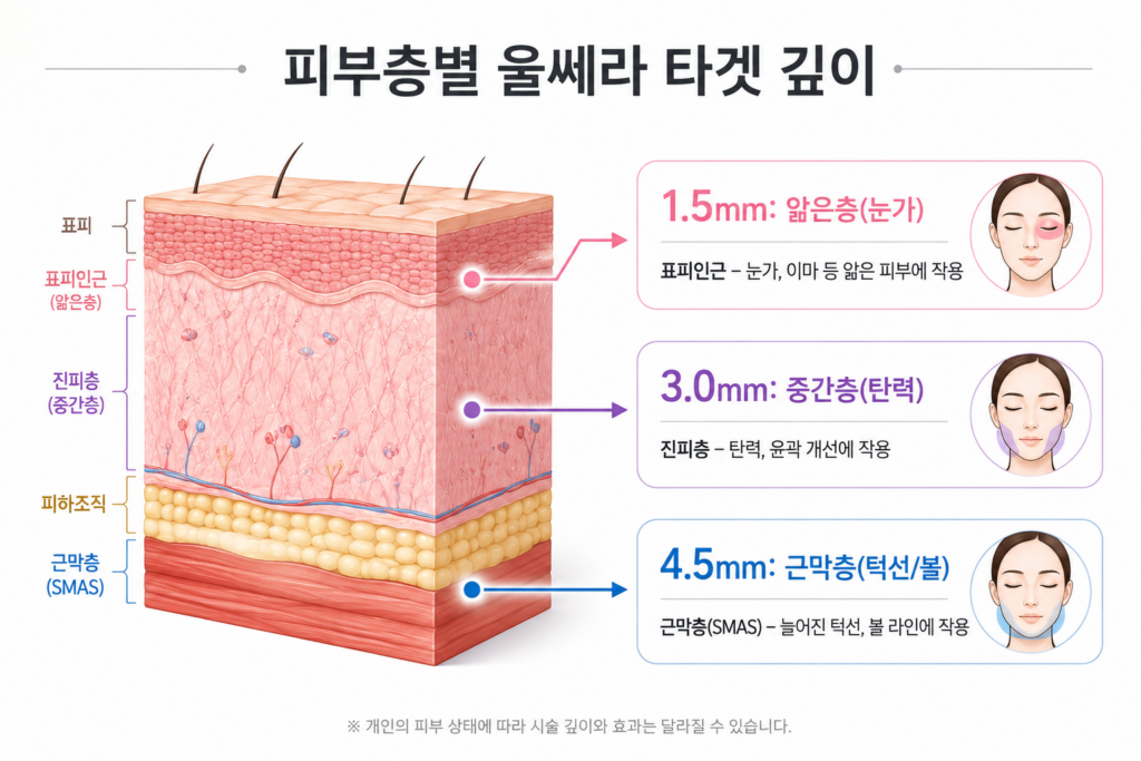 피부 층별로 다르게 설계해야 하는 망포 울쎄라 팁 깊이 비교 안내도