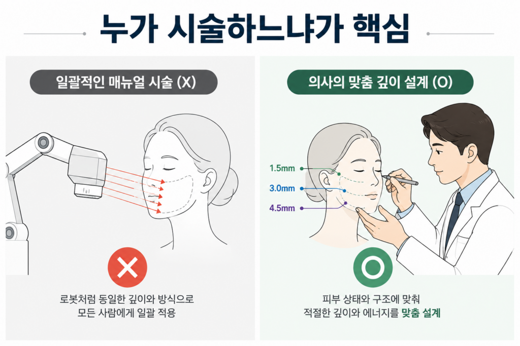 시술자에 따른 수원 쿨소닉 리프팅 효과의 차이와 맞춤 깊이 설계의 중요성을 비교한 이미지
