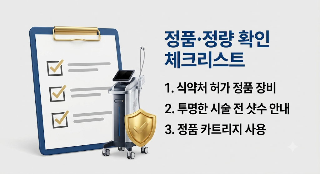 정품 장비와 정량 샷 사용 여부를 검증하는 수원 쿨소닉 시술 전 체크리스트 인포그래픽