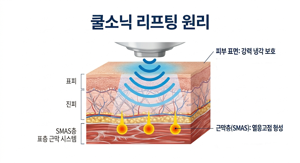 수원 쿨소닉 리프팅의 냉각 기술과 초음파 열응고점 형성 원리를 설명하는 메디컬 인포그래픽