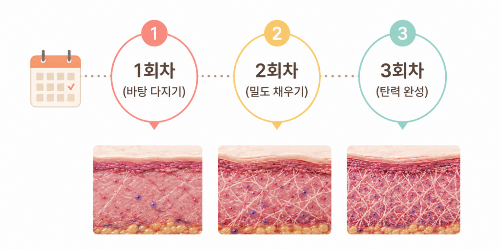 수원 리투오 효과를 극대화하는 1개월 간격 3회 시술 주기 타임라인 인포그래픽