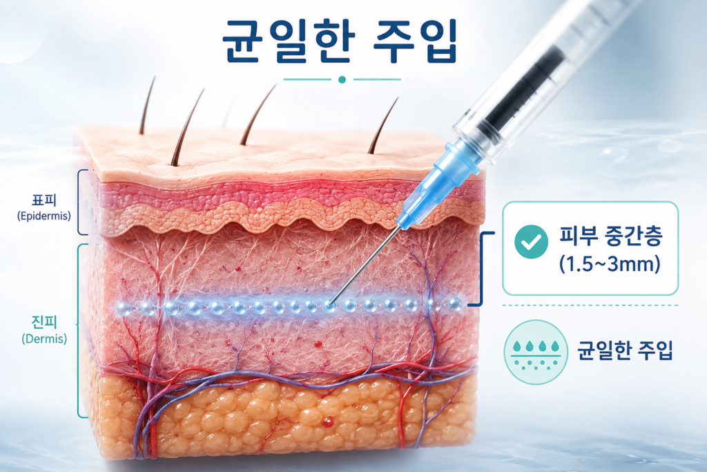 수원 리투오 시술 시 진피층 1.5에서 3mm 깊이 조절의 중요성을 설명하는 인포그래픽