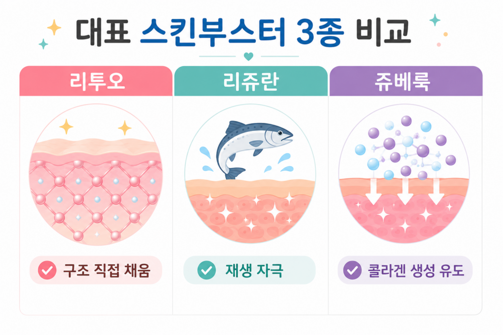 수원 리투오와 리쥬란, 쥬베룩 스킨부스터의 성분 및 작동 방식 비교 인포그래픽
