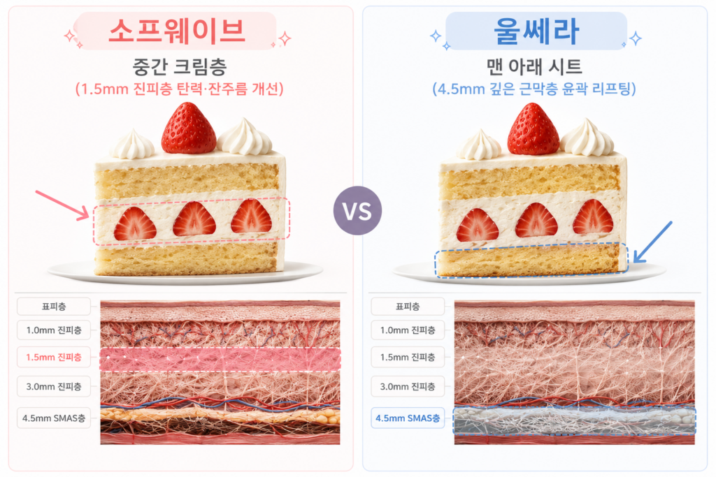 케이크 층 비유를 통해 비교한 수원 소프웨이브와 울쎄라 리프팅의 깊이 차이