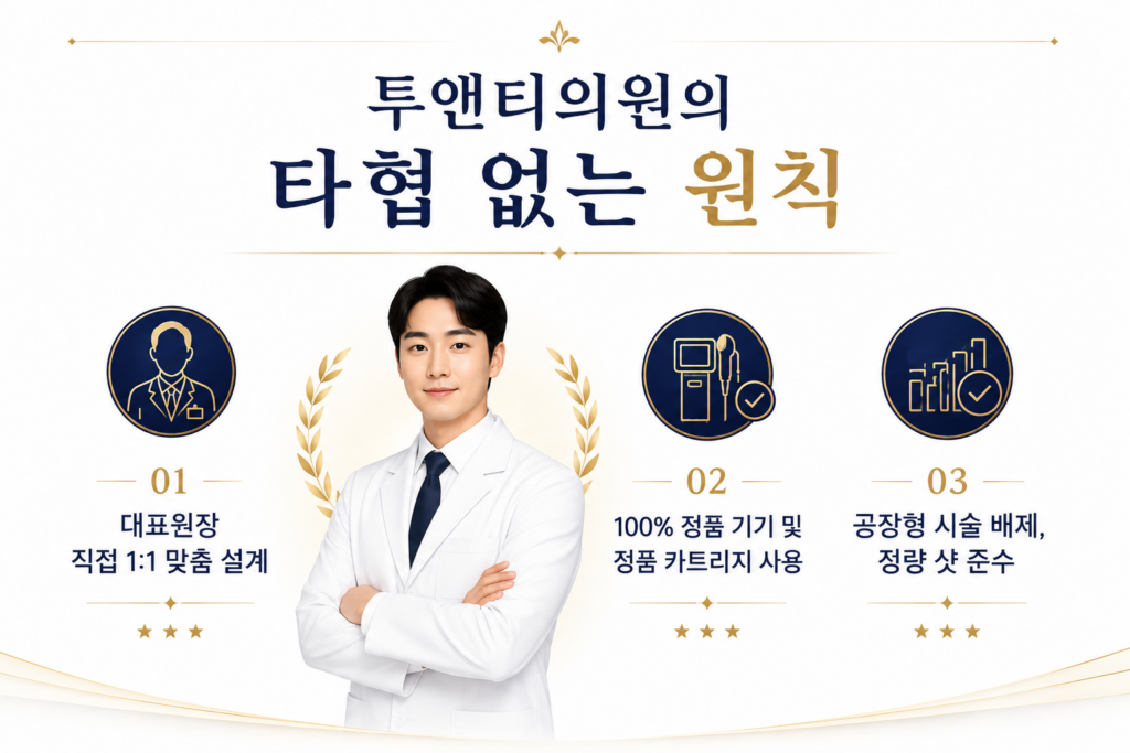 정품·정량 및 대표원장 직접 시술을 약속하는 투앤티의원의 망포 슈링크 1:1 맞춤 시술 시스템 요약 이미지