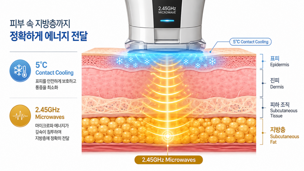 쿨링 시스템과 마이크로파를 활용한 수원 온다리프팅의 지방층 자극 원리 단면도
